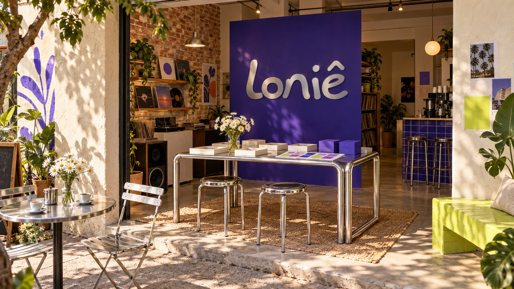 Conceito de encontro Loniê em um café com música, flores, metal, violeta e lima