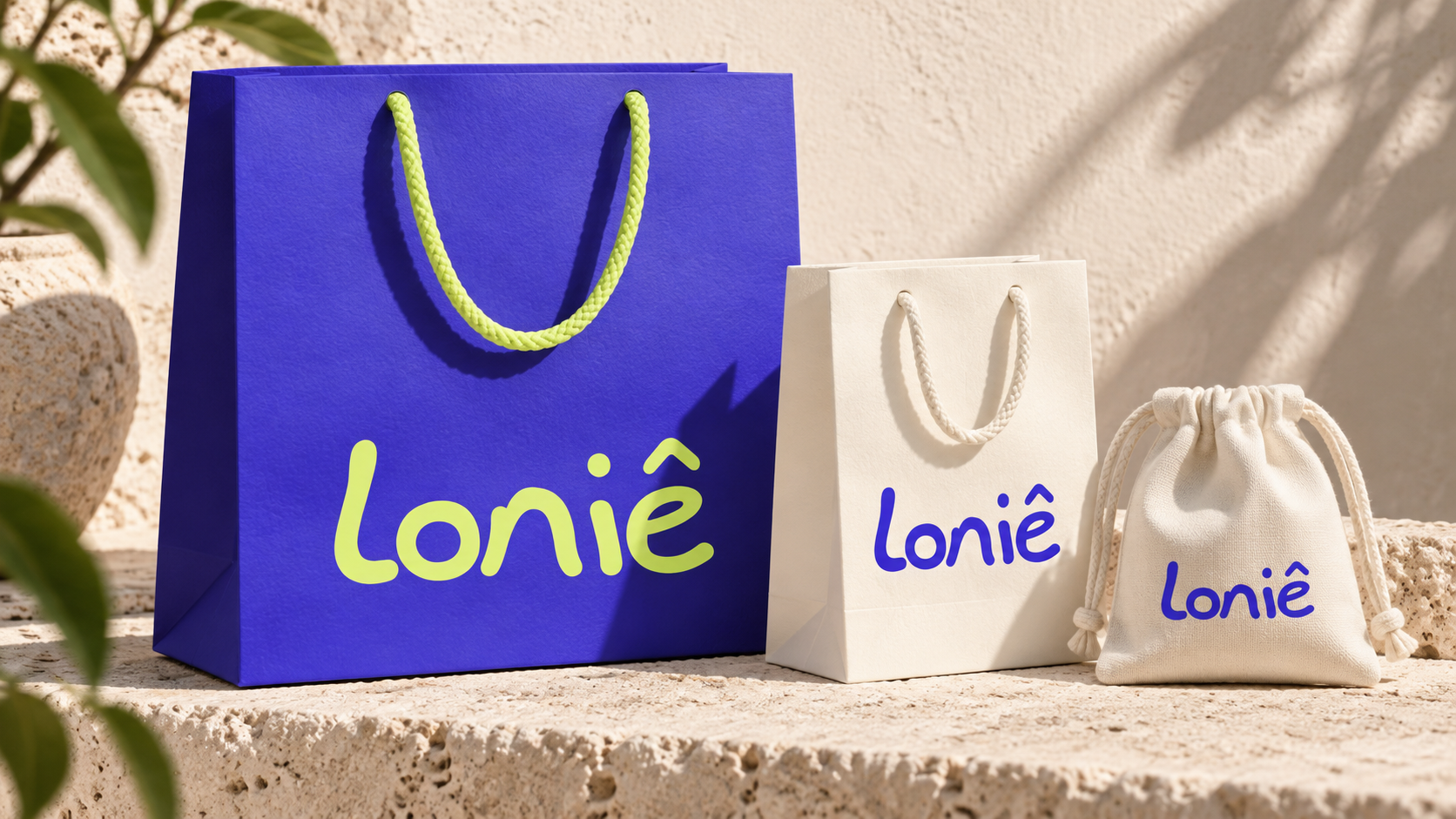 Mockup gerado de sacolas violeta e marfim com alças e pouch